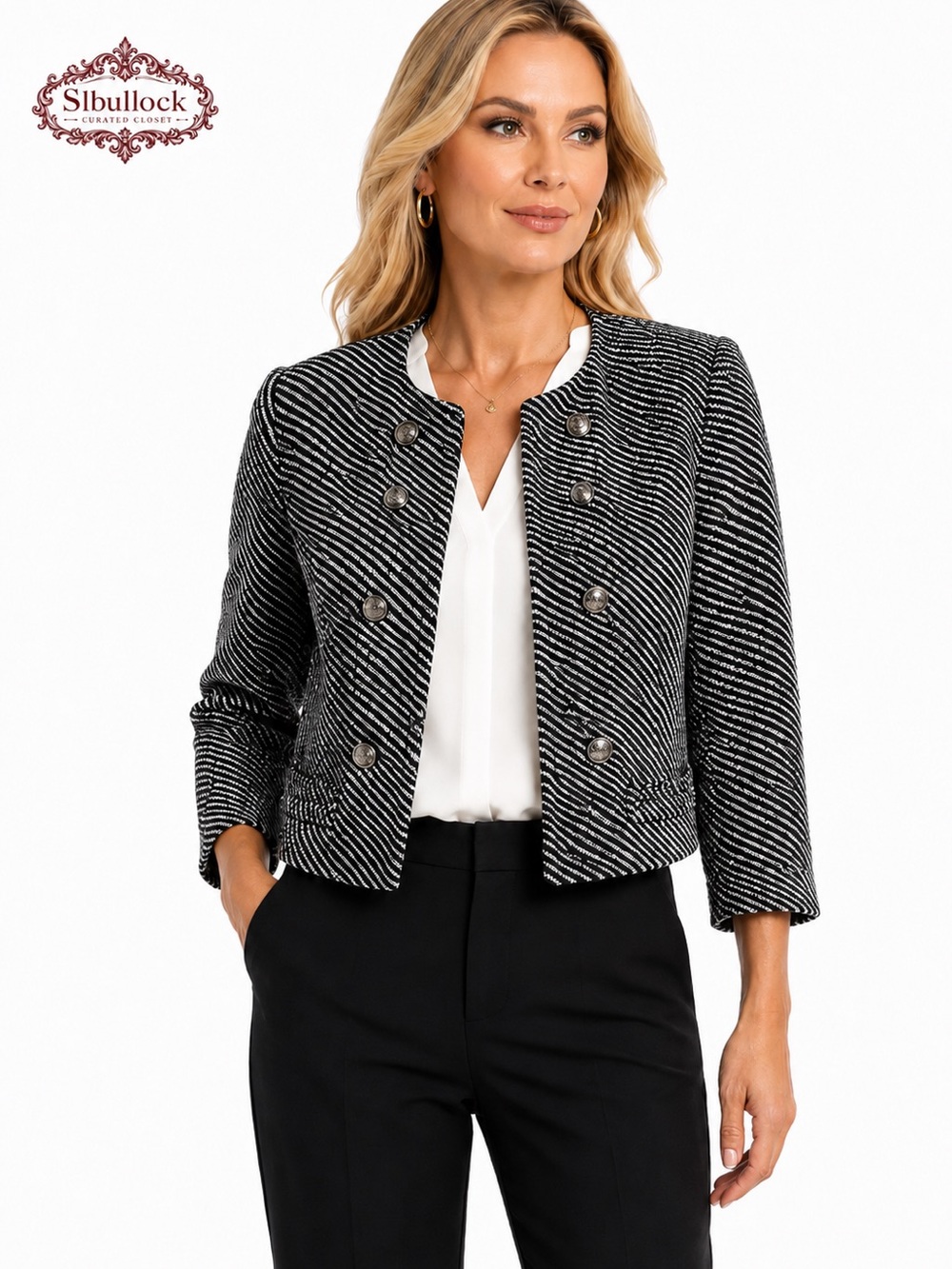 N5 New York & Company Size 14 Cropped Stretch Blazer Black White NWOT
